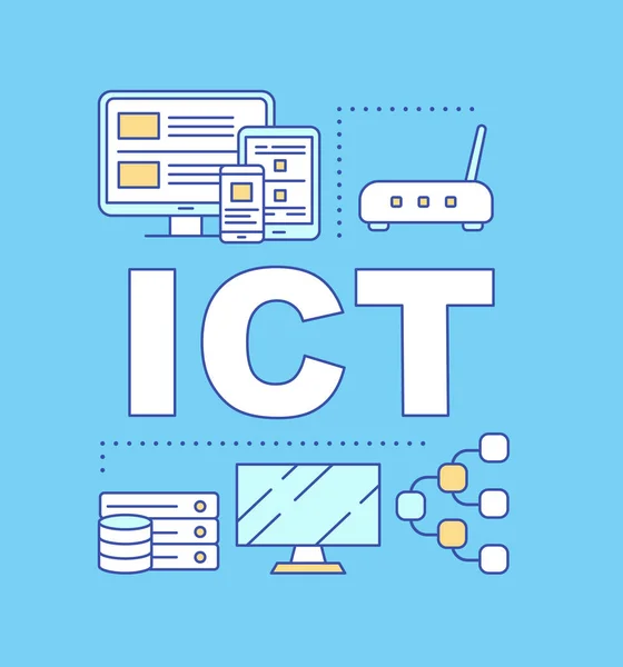 Concetti di parola blu ICT banner. Presentazione, sito web. Tecnologia dell'informazione e della comunicazione, innovazione. Idea tipografica di caratteri isolata con icone lineari. Illustrazione dello schema vettoriale — Vettoriale Stock