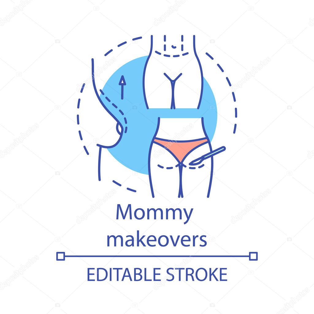 Mommy makeovers concept icon. Body contouring procedure idea thin line illustration. Childbearing. Plastic surgery techniques. Vector isolated outline drawing. Editable stroke