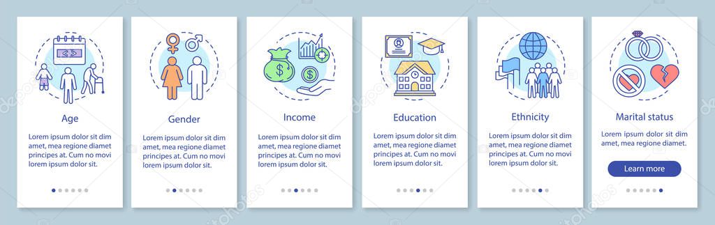 Demographics onboarding mobile app page screen with linear concepts. Audience segmentation walkthrough steps graphic instructions. UX, UI, GUI vector template with illustrations
