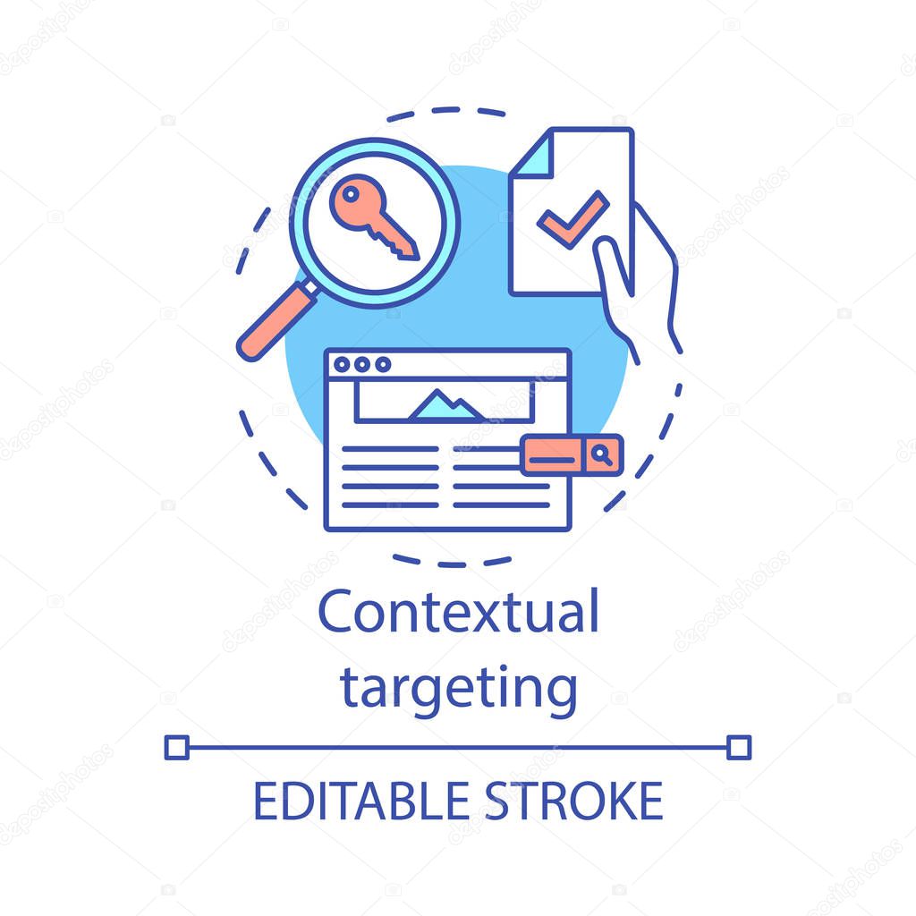 Contextual targeting concept icon. Copywriting, SEO keywording. Marketing campaign. Social network advertising. Marketing idea thin line illustration. Vector isolated outline drawing. Editable stroke