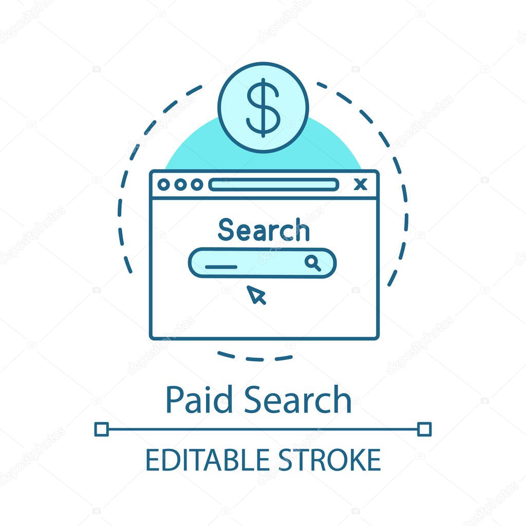 Paid search turquoise concept icon. Pay per click advertising, sponsored listing SEM idea thin line illustration. Digital marketing strategy vector isolated outline drawing. Editable stroke