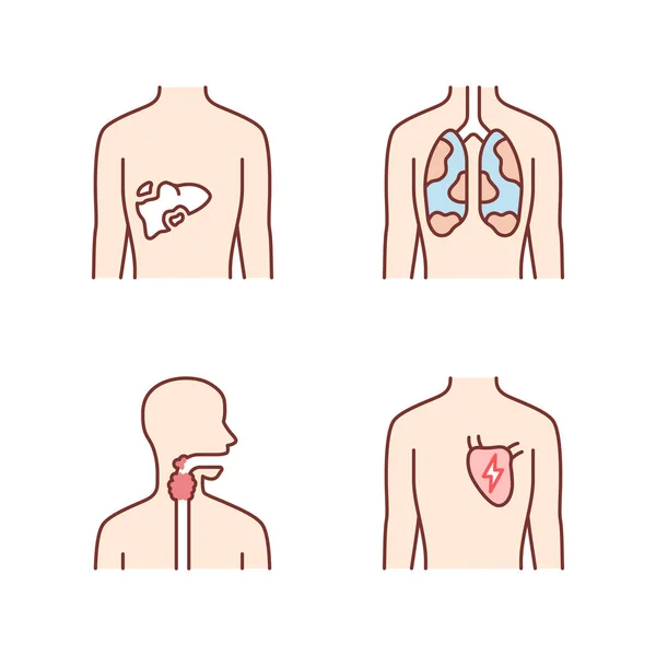 Zieke menselijke organen kleur icons set. Zere lever en longen. Pijnlijke t — Stockvector