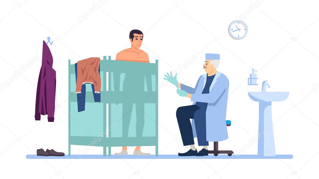 Visiting clinic flat vector illustration. Male patient, doctor i