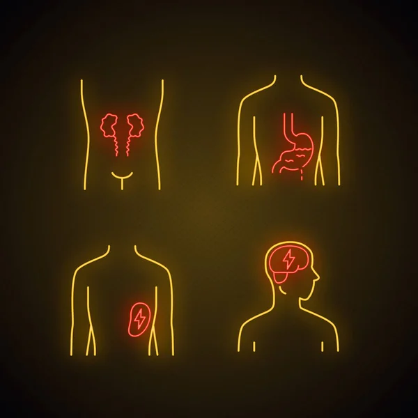 Ícones de luz de néon de órgãos humanos mal definidos. Dor nos rins e baço . — Vetor de Stock