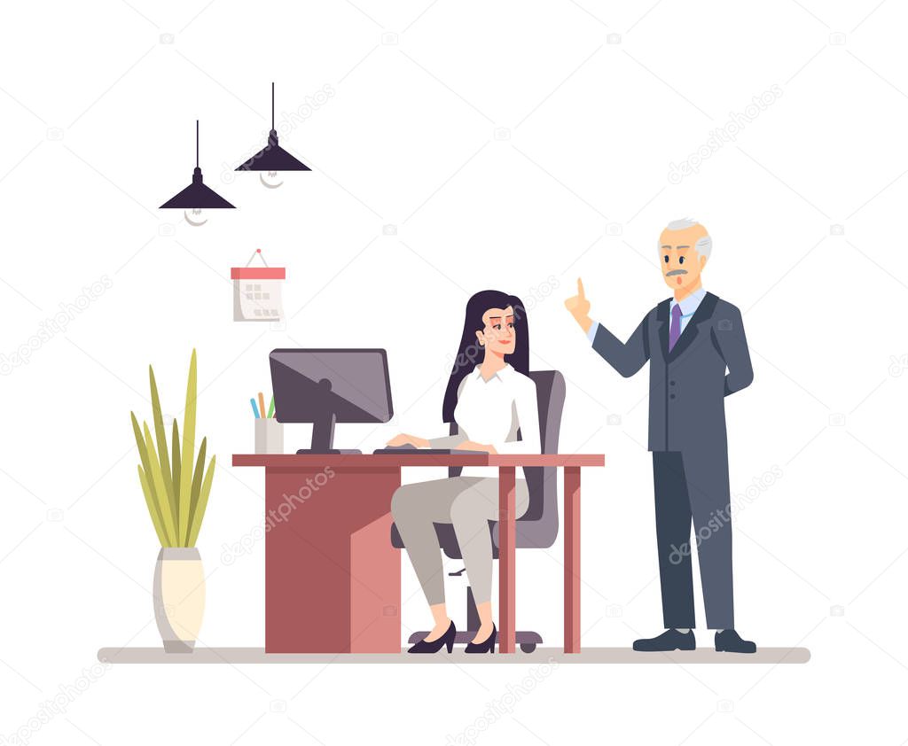 Senior boss with personal assistant flat vector illustration