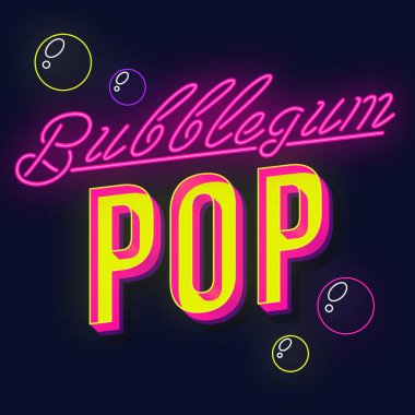 Bubblegum pop vintage 3d vektör yazı. Retro kalın yazı tipi, yazı tipi. Pop art stilize metin. Eski okul tarzı neon ışık harfler. 90'lar, 80'ler afişi, afiş. Koyu mor renk arka plan