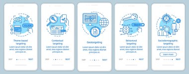 Hedefleme türleri mavi onboarding mobil uygulama sayfası ekran vektör te