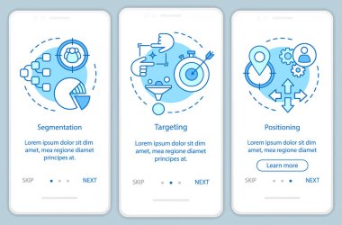 Stp mavi onboarding mobil uygulama sayfası ekran vektör şablonu. İşaretle