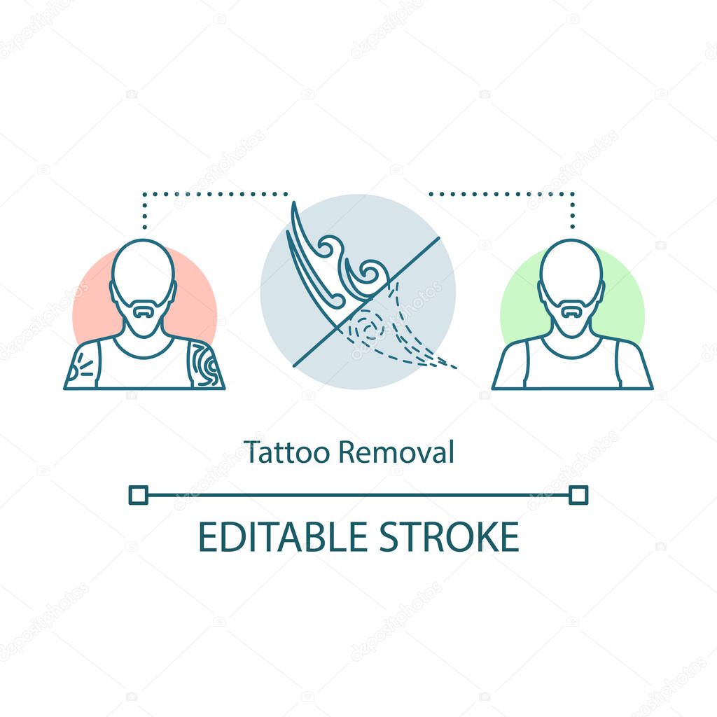 Tattoo removal concept icon. Removal procedure idea thin line illustration. Cosmetology. Laser. Plastic surgery. Unwanted Tattoos. Vector isolated outline drawing. Editable stroke