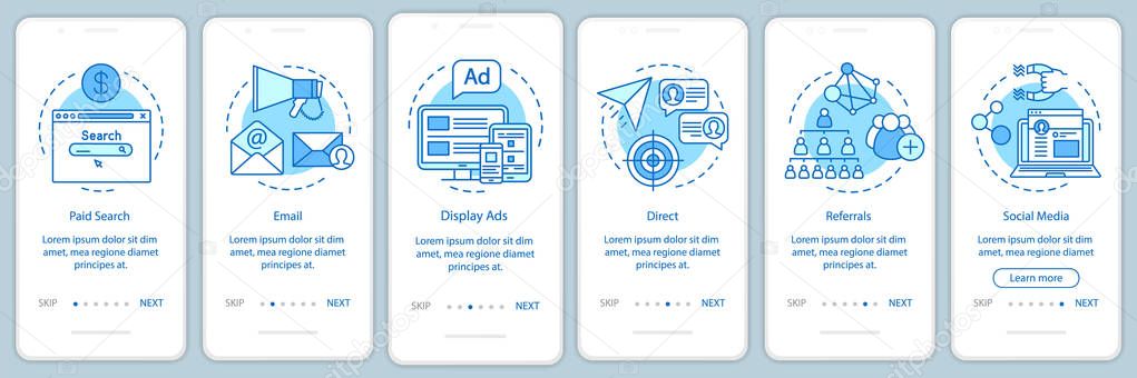 Marketing channels blue onboarding mobile app page screen vector