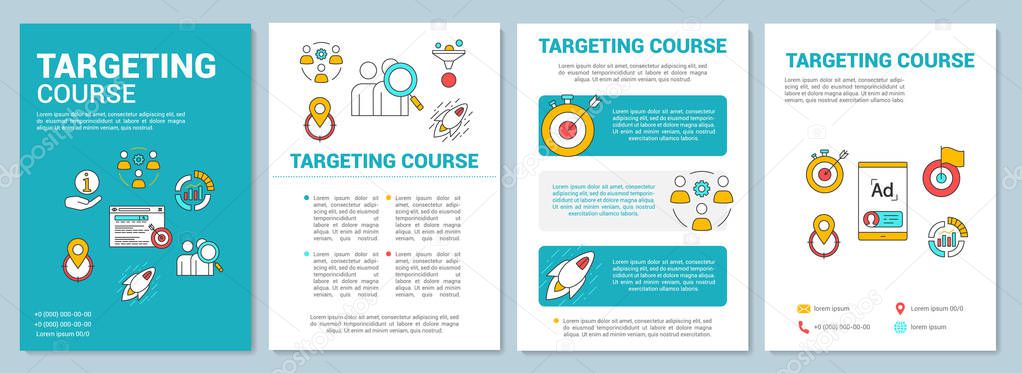 Targeting course turquoise background brochure template layout. 