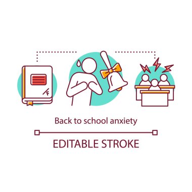 Okul anksiyetesi kavramı simgesine geri dönelim. Yeni akademik yıl başlıyor. Öğrenci, birinci sınıf öğrencisi, yeni sınıf arkadaşlarından korkan acemi. İnce çizgi çizimine zorbalık. Vektör yalıtılmış anahat çizimi. Kullanılabilir kontur