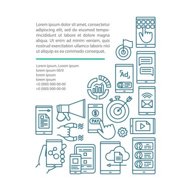 Mobil pazarlama makale sayfası vektör şablonu. Smm, görüntülü reklamlar. Doğrusal simgeler ve metin kutuları ile broşür, dergi, kitapçık tasarım elemanı. Baskı tasarımı. Metin alanı ile kavram çizimleri 