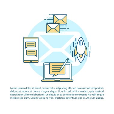 E-posta pazarlama makale sayfası vektör şablonu. Copywriting. Doğrusal simgeler ve metin kutuları ile broşür, dergi, kitapçık tasarım elemanı. Baskı tasarımı. Metin alanı ile kavram çizimleri 