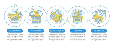 Dijital pazarlama uzmanlıkları vektör infografik şablonu. İş sunumu tasarım öğeleri. Beş seçenekli veri görselleştirme. İşlem zaman çizelgesi grafiği. Doğrusal simgelerle iş akışı düzeni