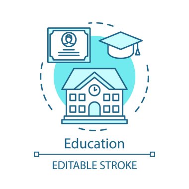 Eğitim turkuaz konsept simgesi. Öğretmen, okul, bilgi, ders, eğitim kursları fikir ince çizgi illüstrasyon. Sertifika, mezuniyet vektörü izole anahat çizimi. Kullanılabilir kontur