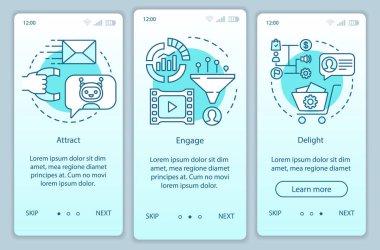 Müşteriler için gelen pazarlama yöntemi turkuaz mobil uygulama sayfası ekran vektör şablonu onboarding. Doğrusal çizimler ile Walkthrough web sitesi adımları. Ux, Ui, Gui akıllı telefon arayüz konsepti