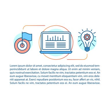 Makale sayfası vektör şablonu hedefleme. Seo, Ppc, web tasarımı. Doğrusal simgeler ve metin kutuları ile broşür, dergi, kitapçık tasarım elemanı. Baskı tasarımı. Metin alanı ile kavram çizimleri