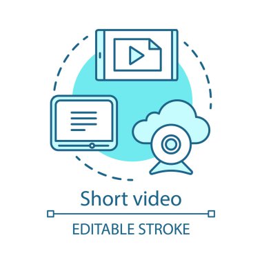 Kısa video mavi kavram simgesi. Farkındalık içerik fikri ince çizgi illüstrasyon. Dijital pazarlama. Görsel medya. Yayın, bloglama, akış. Vektör yalıtılmış anahat çizimi. Kullanılabilir kontur