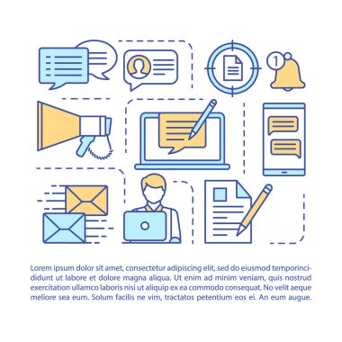 E-posta pazarlama makale sayfası vektör şablonu. İçerik, hedefleme. Doğrusal simgeler ve metin kutuları ile broşür, dergi, kitapçık tasarım elemanı. Baskı tasarımı. Metin alanı ile kavram çizimleri 