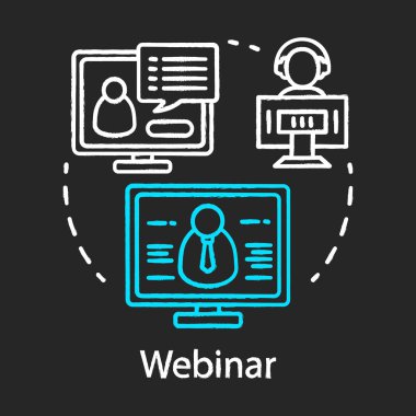 Webinar tebeşir kavram simgesi. E-öğrenme fikri. Web tabanlı video konferans. Mesafe semineri. Online kurslar, dersler. Uzaktan eğitim. Vektör izole tebeşir tahtası illüstrasyon
