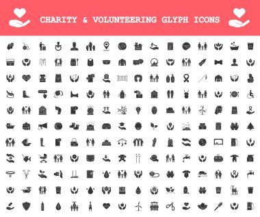 Charity and volunteering glyph icons big set. Fundraising, philanthropy, humanitarian help. Social responsibility, charitable organization. Silhouette symbols. Vector isolated illustration clipart