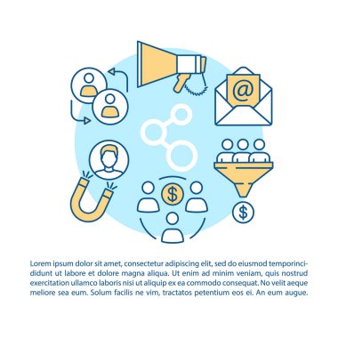 Tavsiye pazarlama programı makale sayfa vektör şablonu. Müşteri cazibesi. Doğrusal simgeler ve metin kutuları ile broşür, dergi, kitapçık tasarım elemanı. Baskı tasarımı. Metinli kavram çizimleri