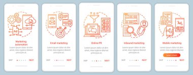 Dijital pazarlama taktikleri turuncu onboarding mobil uygulama sayfası ekran vektör şablonu. Doğrusal illüstrasyonlar ile reklam kampanyası walkthrough web sitesi adımları. Ux, Ui, Gui akıllı telefon arayüz konsepti