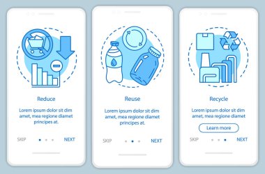 Atık yönetimi mobil uygulama sayfası ekran vektör şablonu onboarding. Sıfır atık, azaltmak, yeniden, doğrusal çizimler ile web sitesi adımları geri dönüşüm. Ux, Ui, Gui akıllı telefon arayüz konsepti
