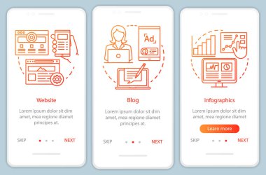 Seo turuncu onboarding mobil uygulama sayfası ekran vektör şablonu için kanallar. Pazarlama. Blog, doğrusal çizimler ile web sitesi walkthrough web sitesi adımları. Ux, Ui, Gui akıllı telefon arayüz konsepti