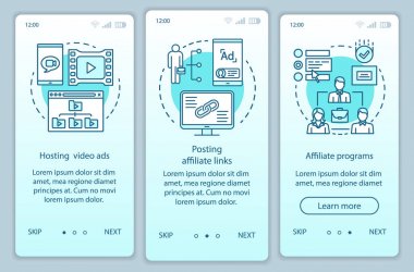 Affiliate pazarlama turkuaz onboarding mobil uygulama sayfası ekran vektör şablonu. Doğrusal illüstrasyonlar ile Affiliate reklam walkthrough web sitesi adımları. Ux, Ui, Gui akıllı telefon arayüz konsepti