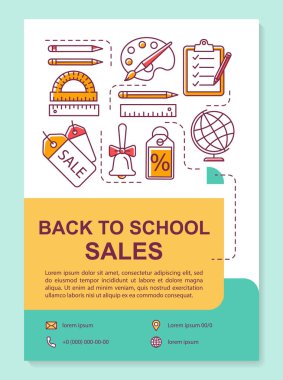Okul satış broşürü şablon düzenine geri dön. Malzeme alıyorum. El ilanı, kitapçık, doğrusal illüstrasyonlar ile broşür baskı tasarımı. Dergiler için vektör sayfa düzenleri, yıllık raporlar, reklam afişleri