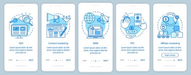 Dijital pazarlama taktikleri mavi onboarding mobil uygulama sayfası ekran vektör şablonu. Seo, Smm, Doğrusal çizimler ile Ppc walkthrough web sitesi adımları. Ux, Ui, Gui akıllı telefon arayüz konsepti
