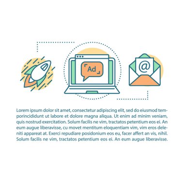 Reklamlar kampanya makale sayfası vektör şablonu başlatın. Dijital pazarlama. Doğrusal simgeler ve metin kutuları ile broşür, dergi, kitapçık tasarım elemanı. Baskı tasarımı. Metin alanı ile kavram çizimleri