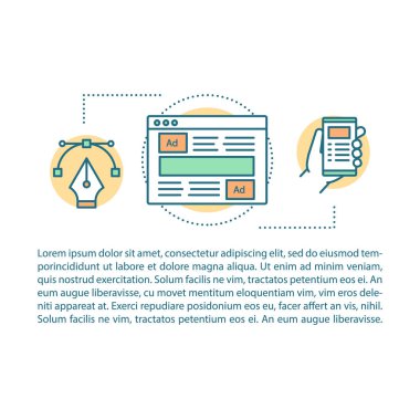 Reklam ve web sitesi tasarımı makale sayfası vektör şablonu. Doğrusal simgeler ve metin kutuları ile broşür, dergi, kitapçık tasarım elemanı. Baskı tasarımı. Metin alanı ile kavram çizimleri 