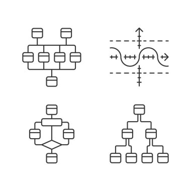 Diyagramlar doğrusal simgeler ayarlanır. Ağ, ağaç, fonksiyon grafiği, akış şeması. Planlama, süreç akışı. İstatistik verileri. İnce çizgi kontur sembolleri. Yalıtılmış vektör anahat çizimleri. Kullanılabilir kontur