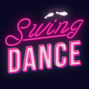 Swing dans vintage 3d vektör yazı. Retro parti kalın yazı tipi, yazı tipi. Pop art stilize metin. Eski okul tarzı neon ışık harfler. 90'lar, 80'ler afişi, afiş. Koyu mor renk arka plan