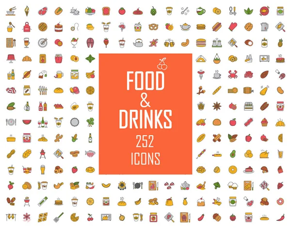 Φαγητό και ποτά χρώμα εικονίδια μεγάλο σύνολο. Πρωινό, δείπνο, μεσημεριανό. Μενού εστιατορίων και BBQ. κρέας, ψάρι, λαχανικά, φρούτα, μπισκότα, επιδόρπια. Οινοπνευματώδη ποτά και κοκτέιλ. Μεμονωμένες διανυσματικές απεικονίσεις — Διανυσματικό Αρχείο
