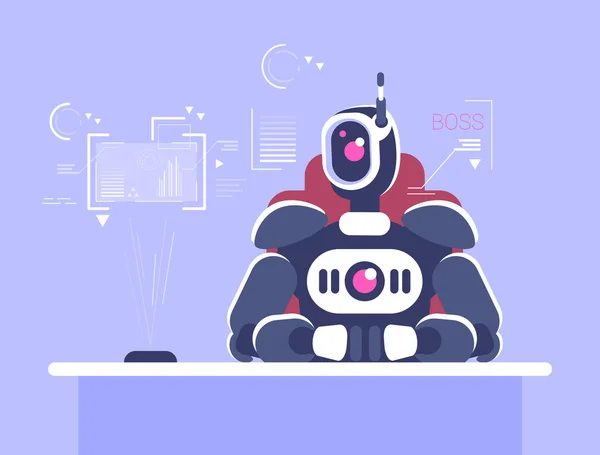 Ilustrasi vektor datar bos Robotik. CEO, eksekutif dengan kecerdasan buatan karakter kartun terisolasi. Bisnis otomatisasi, konsep revolusi robot. Manajer top AI, pemimpin tim, pengusaha - Stok Vektor