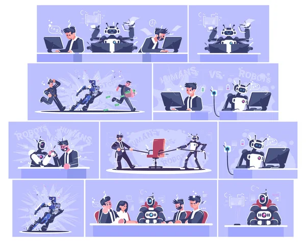 Robot vs manusia Vektor datar ilustrasi ditetapkan. Pekerja AI menggantikan konsep masyarakat. Revolusi Robotika. Humanoid, cyborg bekerja karakter kartun. Bos kecerdasan buatan, polisi, manajer - Stok Vektor