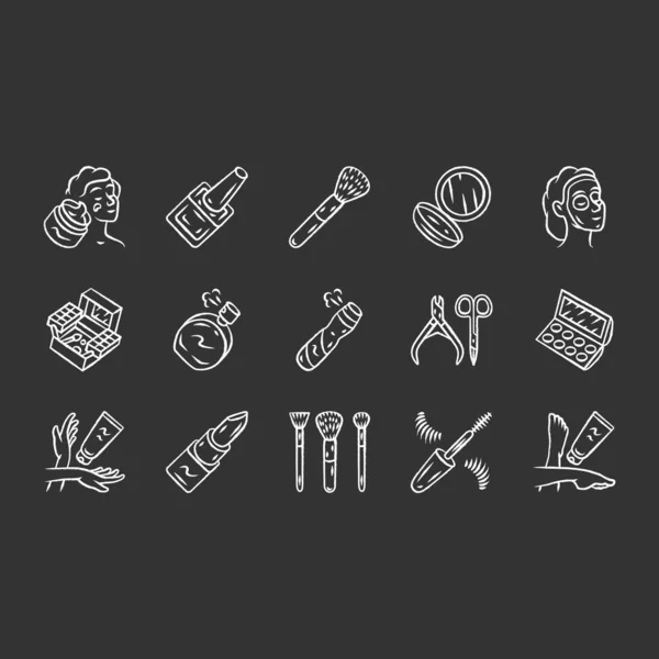 Huidverzorgingsproducten, cosmetica krijt icons set. Vrouwelijke hygiëne, — Stockvector