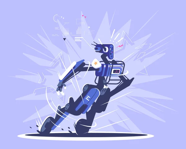 Robot politibetjent flad vektor illustration. Cyborg, humanoid politimand isoleret tegneseriefigur. Patruljevogn med kunstig intelligens. Robotrevolution. AI sikkerhed, militær vagt – Stock-vektor