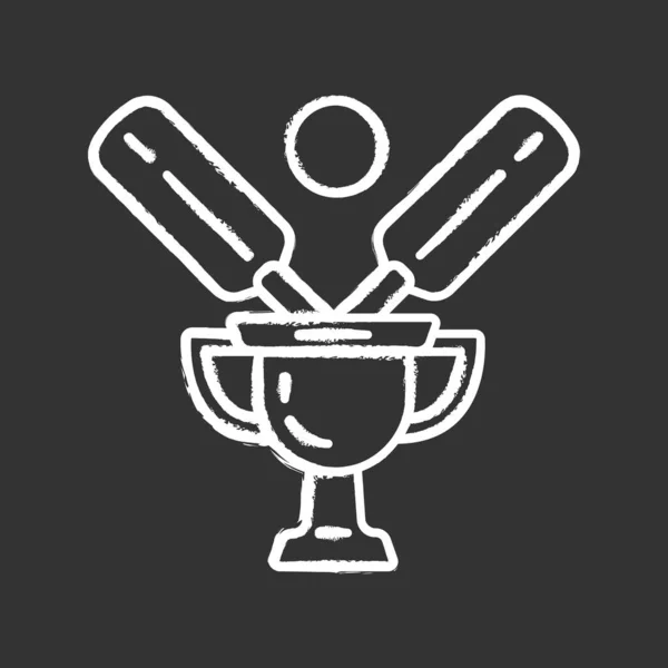 Icône de craie du championnat de cricket. Compétition sportive. Trophée du vainqueur du tournoi. Coupe championne, batte, balle. Résultat total du jeu. Activité sportive. Une compétition de Ligue. Illustration isolée de tableaux vectoriels — Image vectorielle