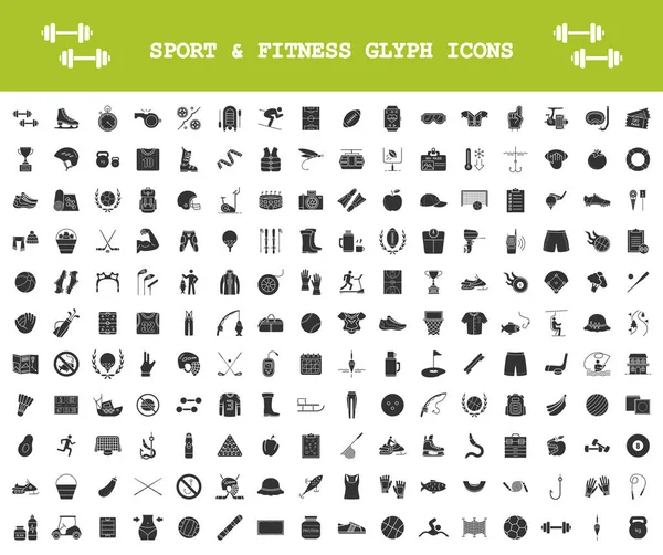 Sport et fitness glyphe icônes grand ensemble. Mode de vie sain. Gymnase, entraînement, exercices. Activités de plein air, sports d'équipe. Pêche, randonnée, camping. Symboles de silhouette. Illustration vectorielle isolée — Image vectorielle