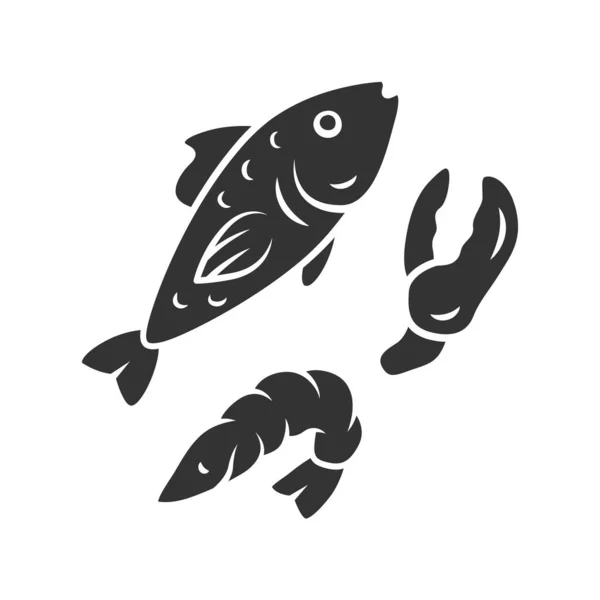 Seafood Glyph ikon. Omega 3-källprodukter. Gourmetmåltid, hälsosam mat. Siluettsymbol. Kokt räkor, lax maträtt ingredienser. Negativt utrymme. Fisk, räkor och hummerklo isolerad illustration — Stock vektor