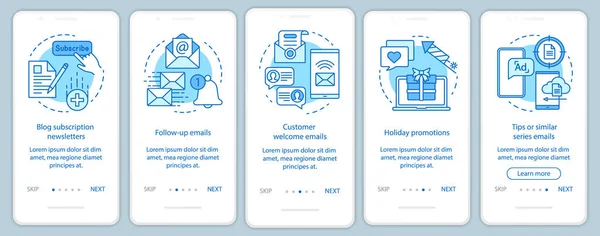 E-postmarknadsföring blå onboarding mobil app sida skärmen vektor mall. Blogg prenumeration, kampanjer genomgång webbplats steg med linjära illustrationer. UX, UI, GUI smartphone gränssnitt koncept — Stock vektor