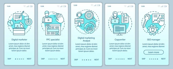 Spécialités marketing numérique turquoise onboarding écran de page d'application mobile avec des concepts linéaires. SEO gestionnaire pas à pas instructions graphiques. Modèle vectoriel UX, UI, GUI avec illustrations — Image vectorielle