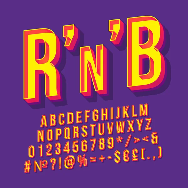 Rnb 빈티지 3D 벡터 레터링입니다. 복고풍 굵은 글꼴, 서체. 팝 — 스톡 벡터