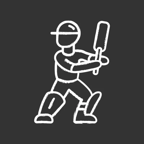 Cricket spelare krita ikon. Slagman redo att kämpa mot Beck. Cricketspelare i Uniform, benskydd med bat. Sporttävling, turnering. Idrottsman på lekplats. Isolerad vektor svarta tavlan illustration — Stock vektor