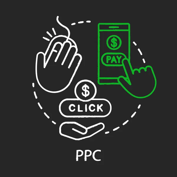Ppc チョークの概念アイコン。デジタルマーケティングツールのアイデア。クリックごとに支払います。インターネット広告モデル。マーケティング戦略。オンラインプロモーション。ベクトル分離黒板イラスト — ストックベクタ